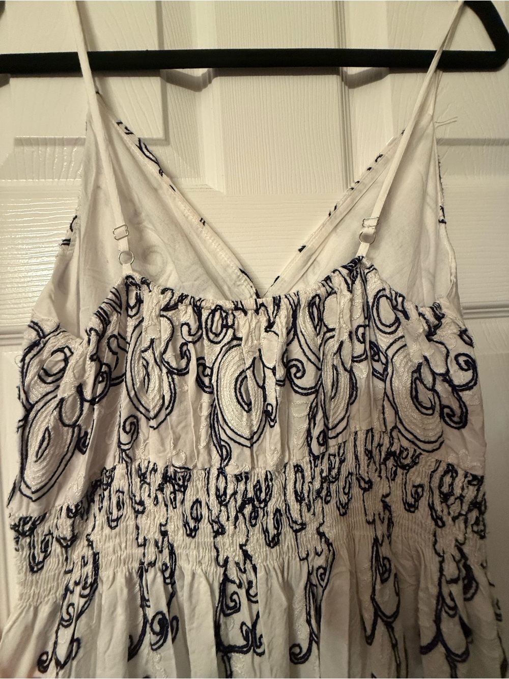 White Spaghetti-Strap White/Navy Embroidered Maxi Dress - Picture 3 of 7